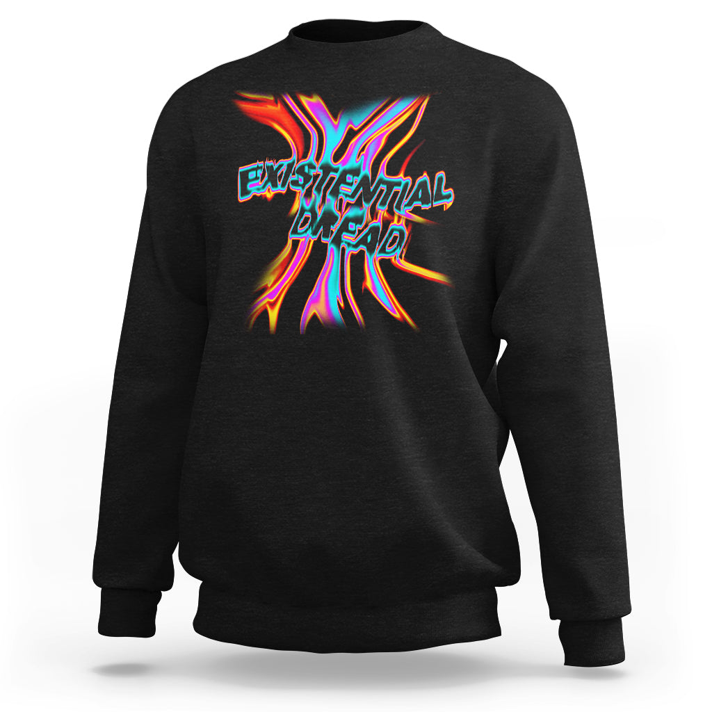 Black sweatshirt with colorful melting typography graphic on the back.