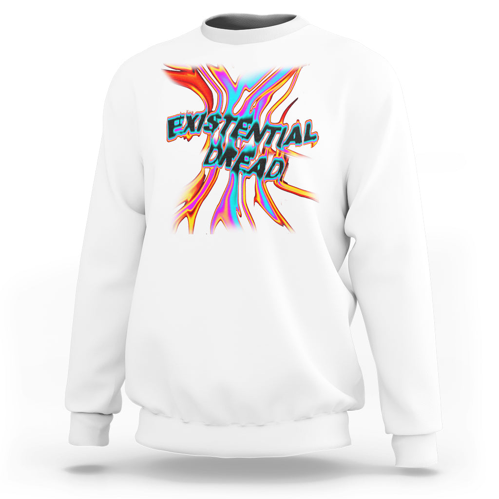 White sweatshirt with colorful melting typography graphic on the back.
