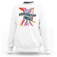 White sweatshirt with colorful melting typography graphic on the back.
