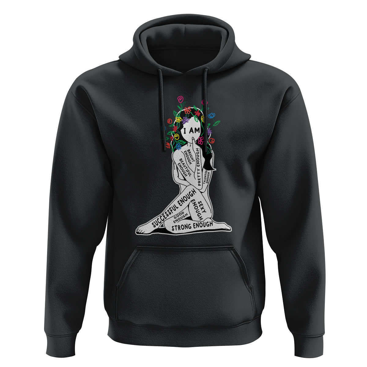 Black pullover hoodie with colorful 'I AM' graphic and kangaroo pocket