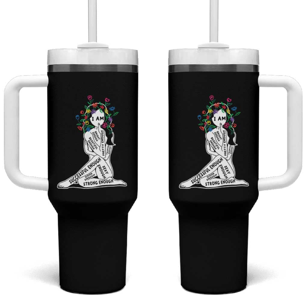 Black handled tumbler set with straw and colorful I AM graphic on front
