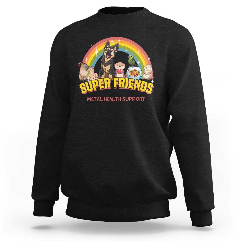 Black crewneck sweatshirt with Super Friends rainbow graphic and cute animal faces