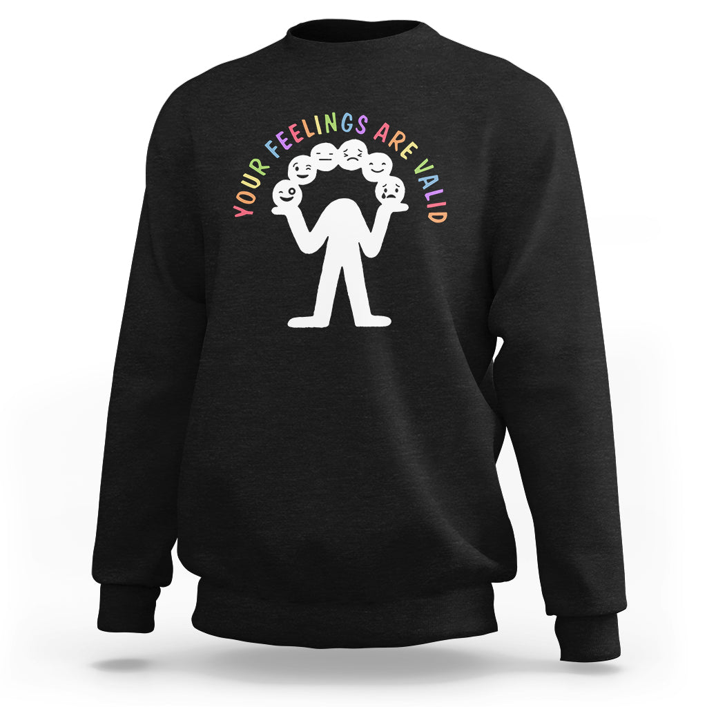 Black crewneck sweatshirt with white graphic of figures and curved mental-health text