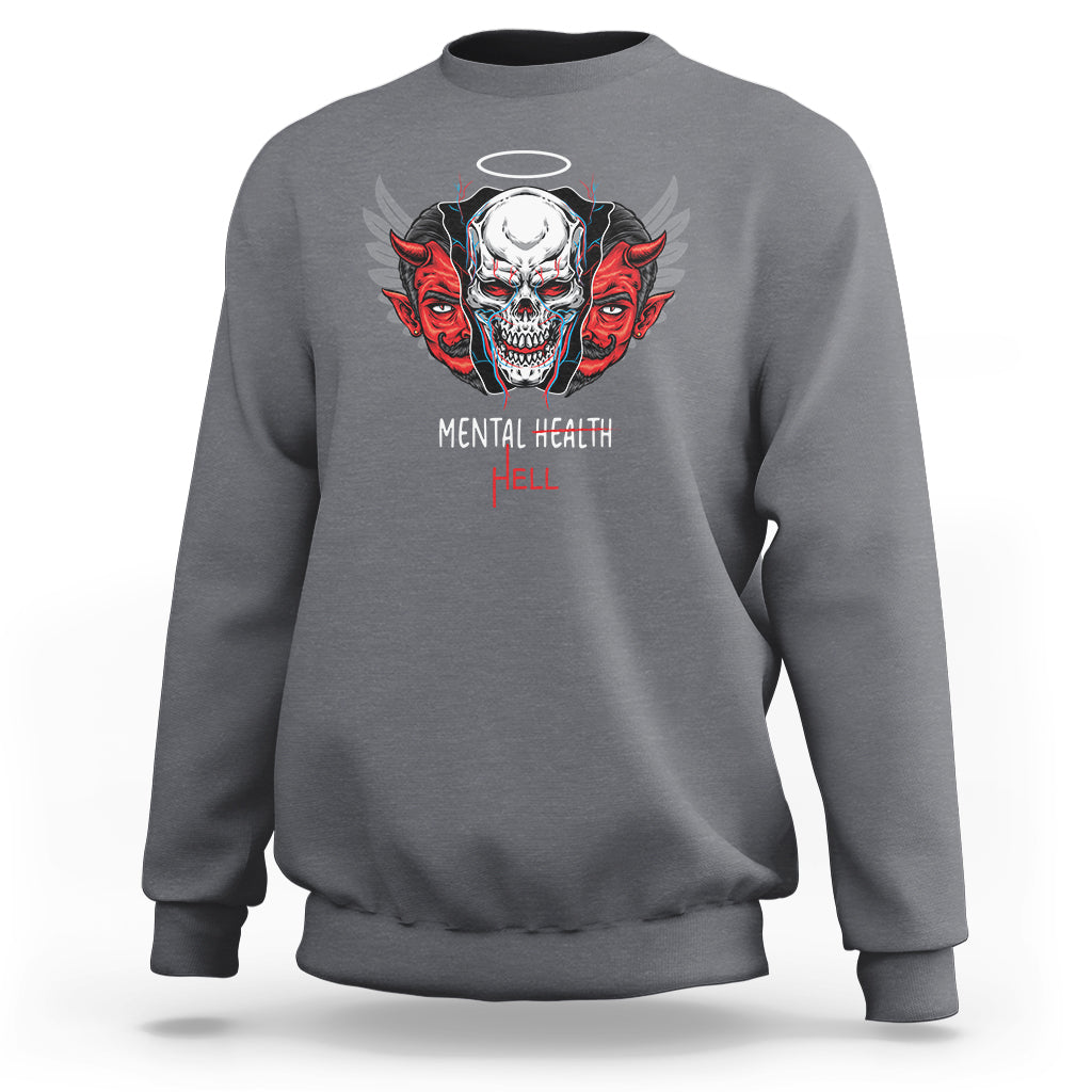 Charcoal gray sweatshirt with skull graphic, red wing accents, and front lettering