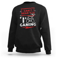 Black gaming sweatshirt with red 'Can't Hear You' controller graphic on chest