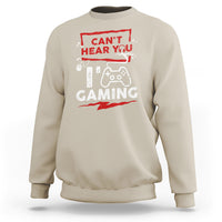 Sand beige gaming sweatshirt with red 'Can't Hear You' controller and 'GAMING' print
