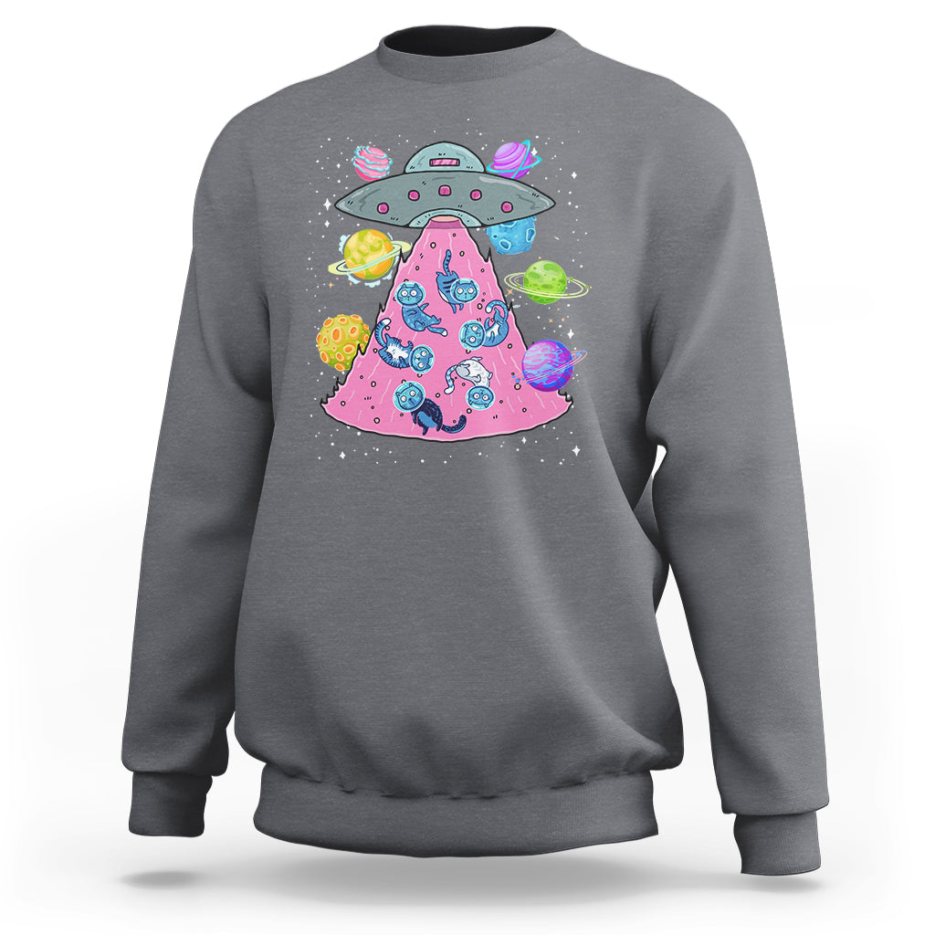 Charcoal cat-themed sweatshirt with UFO graphic and colorful space cats front print