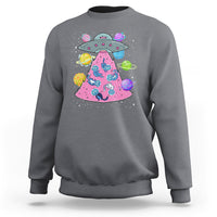 Charcoal cat-themed sweatshirt with UFO graphic and colorful space cats front print