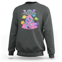 Dark heather cat-themed sweatshirt with UFO graphic and colorful space cats front print
