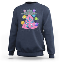 Navy cat-themed sweatshirt with UFO graphic and colorful space cats front print