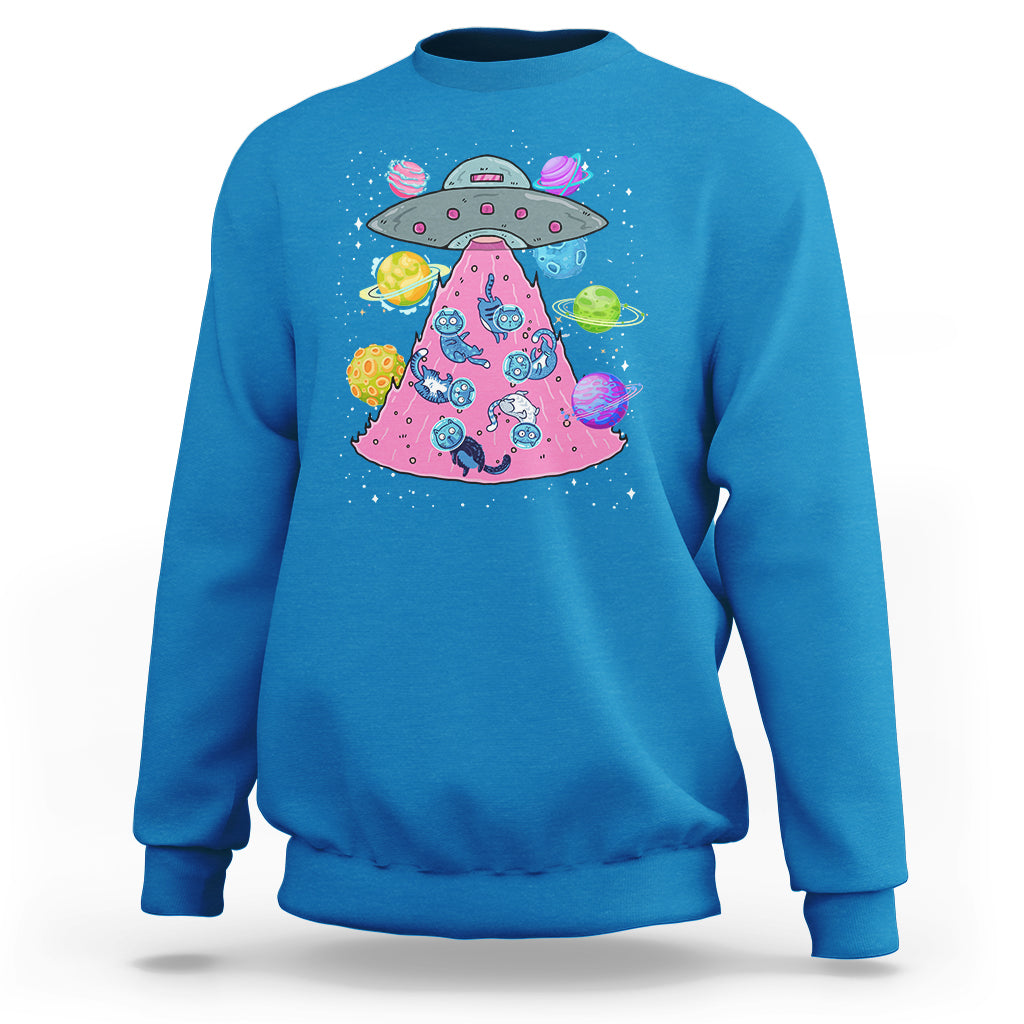 Sapphire blue cat-themed sweatshirt with UFO graphic and colorful space cats front print
