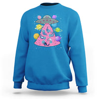 Sapphire blue cat-themed sweatshirt with UFO graphic and colorful space cats front print