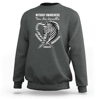 Dark gray crewneck sweatshirt with front zebra ribbon awareness graphic and text