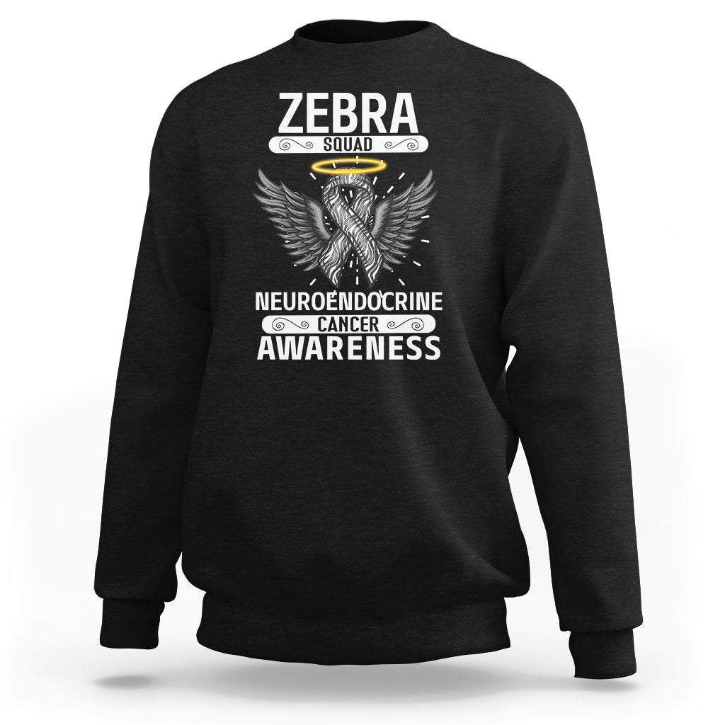 Black crewneck sweatshirt with long sleeves and Zebra Squad awareness graphic on front.
