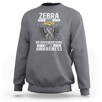 Charcoal gray crewneck sweatshirt with long sleeves and Zebra Squad awareness graphic on front.