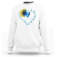 White crewneck sweatshirt with sunflower diabetes ribbon graphic, long sleeves