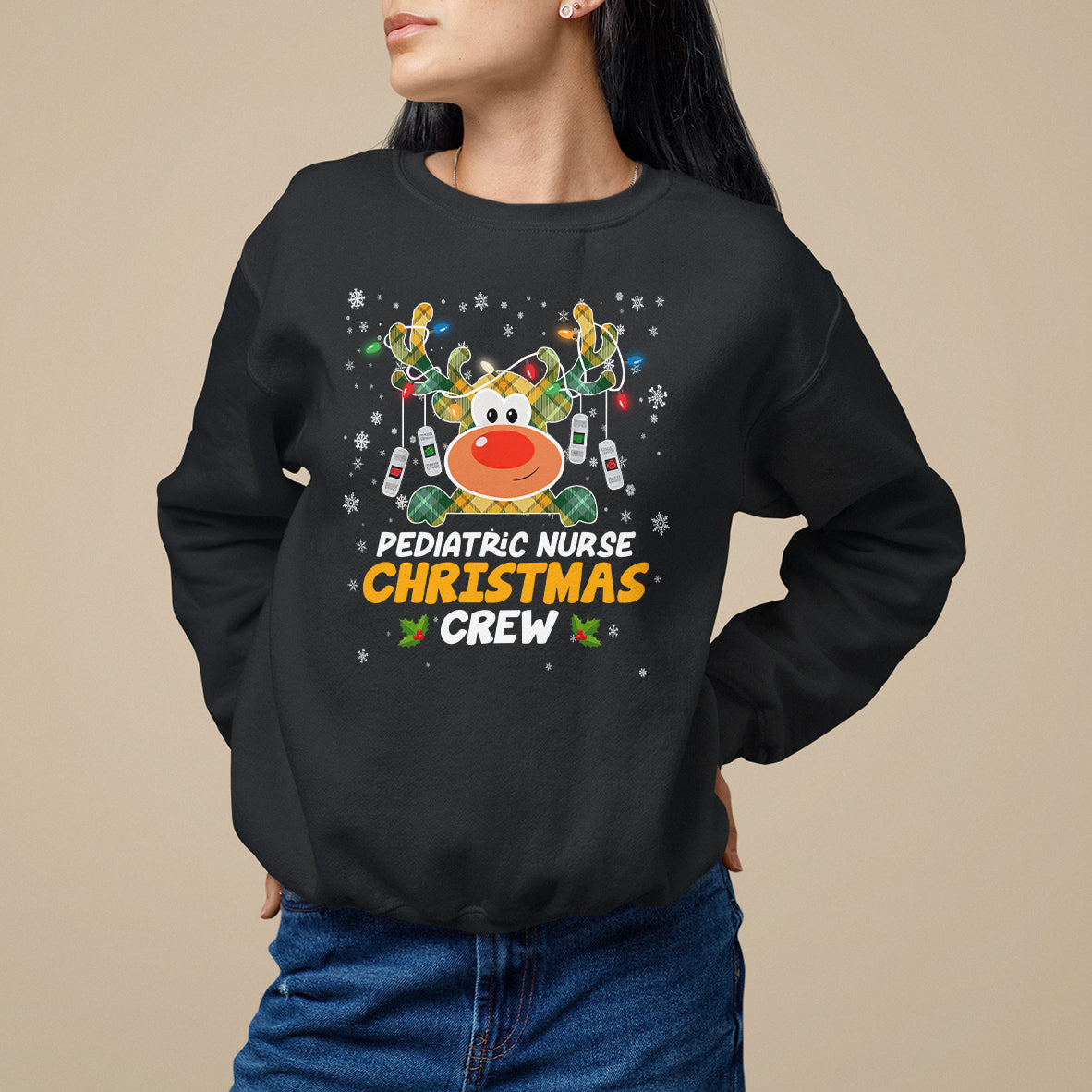Kids crewneck sweatshirt in black with holiday nurse reindeer graphic