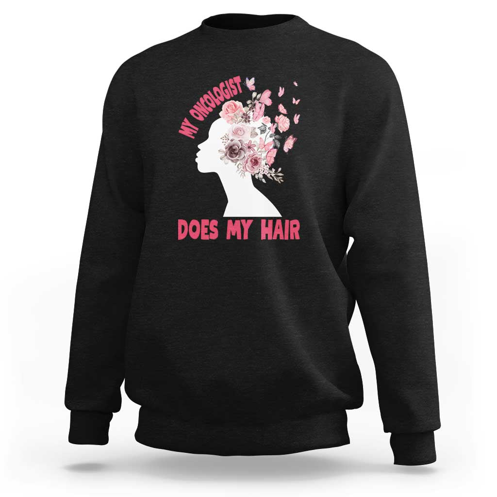 Black sweatshirt with floral awareness graphic and woman profile, "Does my hair" text