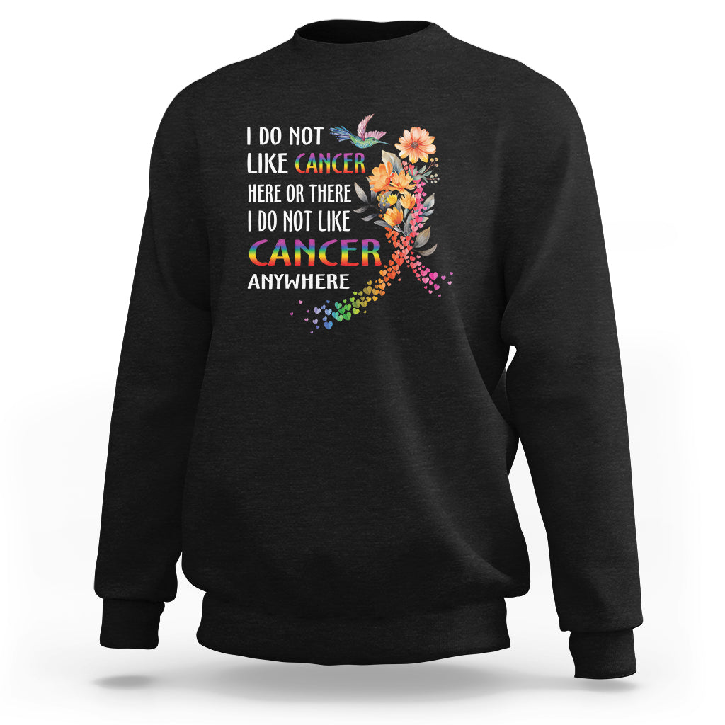 Black crewneck sweatshirt with rainbow ribbon cancer awareness graphic