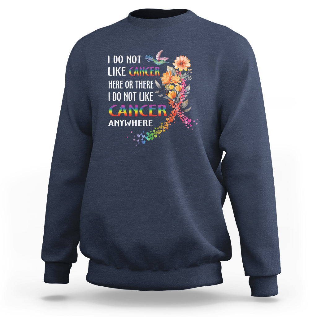 Navy crewneck sweatshirt with rainbow ribbon cancer awareness graphic