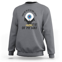 Charcoal gray crewneck sweatshirt with blind spot character graphic and “GET OUT OF MY WAY”