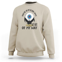 Sand beige crewneck sweatshirt with blind spot character graphic and “GET OUT OF MY WAY”