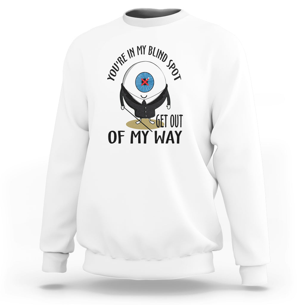 White crewneck sweatshirt with blind spot character graphic and “GET OUT OF MY WAY” print