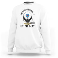 White crewneck sweatshirt with blind spot character graphic and “GET OUT OF MY WAY” print