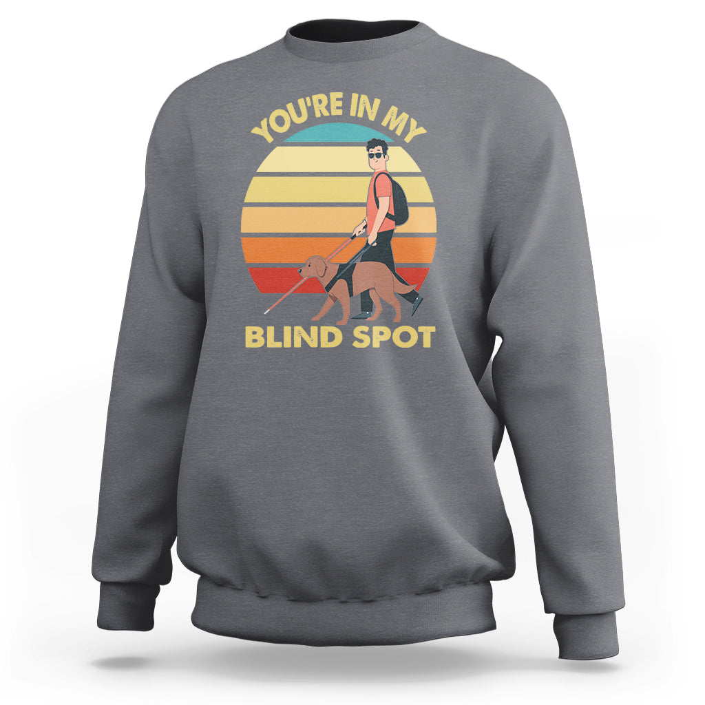 Charcoal gray sweatshirt with front “You’re In My Blind Spot” graphic and long sleeves