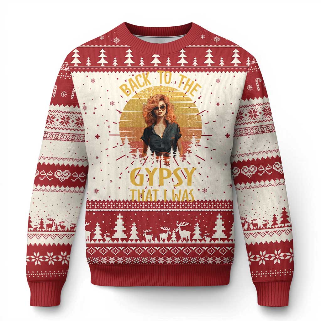 Ugly Christmas sweater in red and cream, tree Fair Isle bands with front graphic