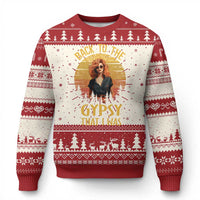 Ugly Christmas sweater in red and cream, tree Fair Isle bands with front graphic