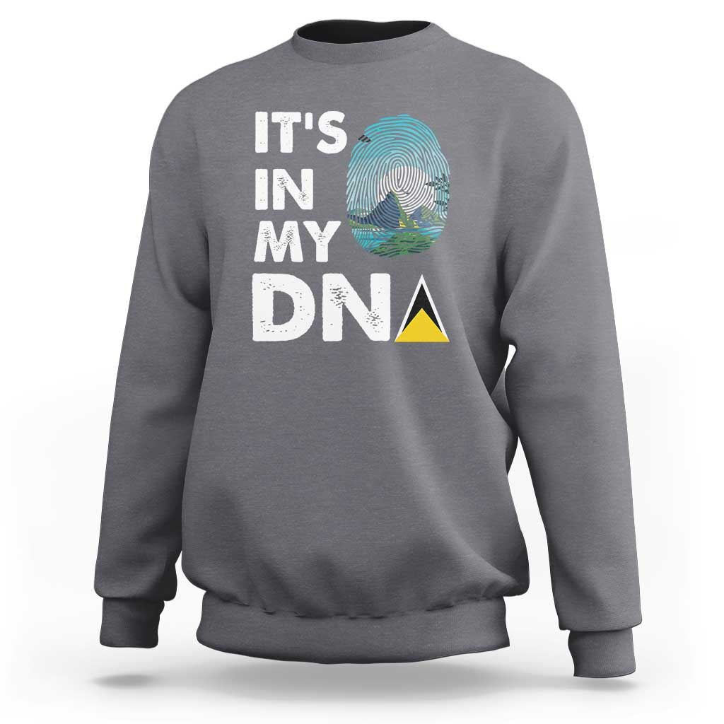 Charcoal sweatshirt with 'IT'S IN MY DNA' text and fingerprint graphic on back