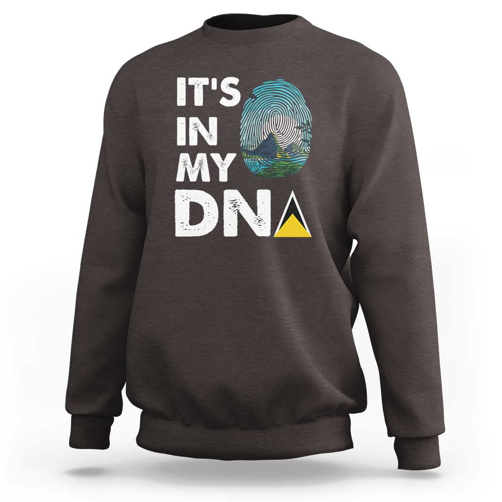 Dark chocolate sweatshirt with 'IT'S IN MY DNA' text and fingerprint graphic on back
