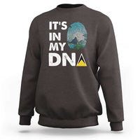 Dark chocolate sweatshirt with 'IT'S IN MY DNA' text and fingerprint graphic on back