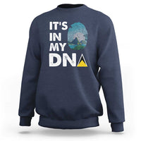 Navy sweatshirt with 'IT'S IN MY DNA' text and fingerprint graphic on back