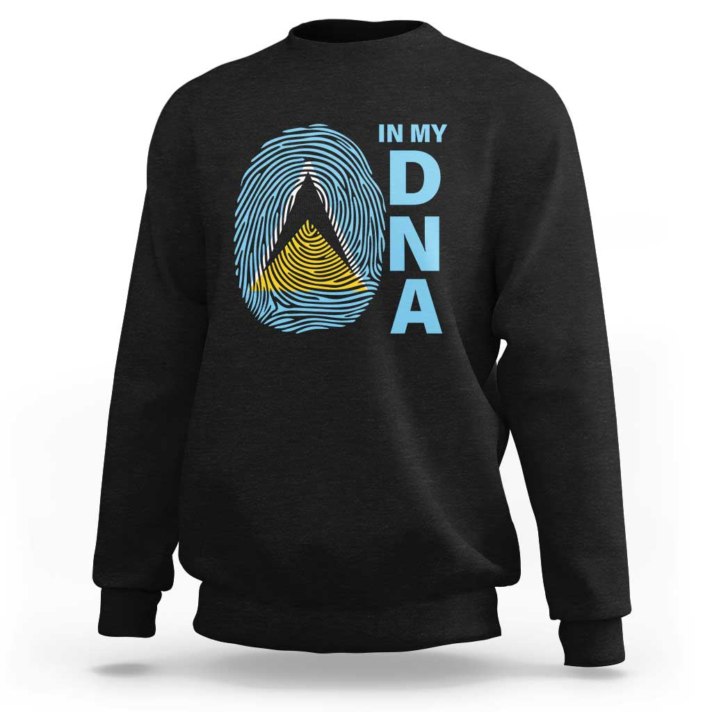Black crewneck sweatshirt with “IN MY DNA” fingerprint graphic and layered triangle