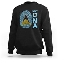 Black crewneck sweatshirt with “IN MY DNA” fingerprint graphic and layered triangle
