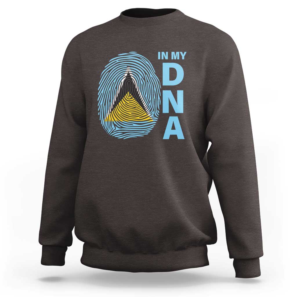 Dark chocolate crewneck sweatshirt with “IN MY DNA” fingerprint graphic and layered triangle
