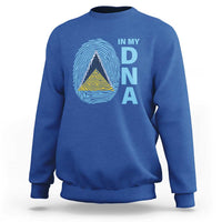 Royal blue crewneck sweatshirt with “IN MY DNA” fingerprint graphic and layered triangle