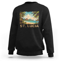Black crewneck sweatshirt with St. Lucia beach graphic on front