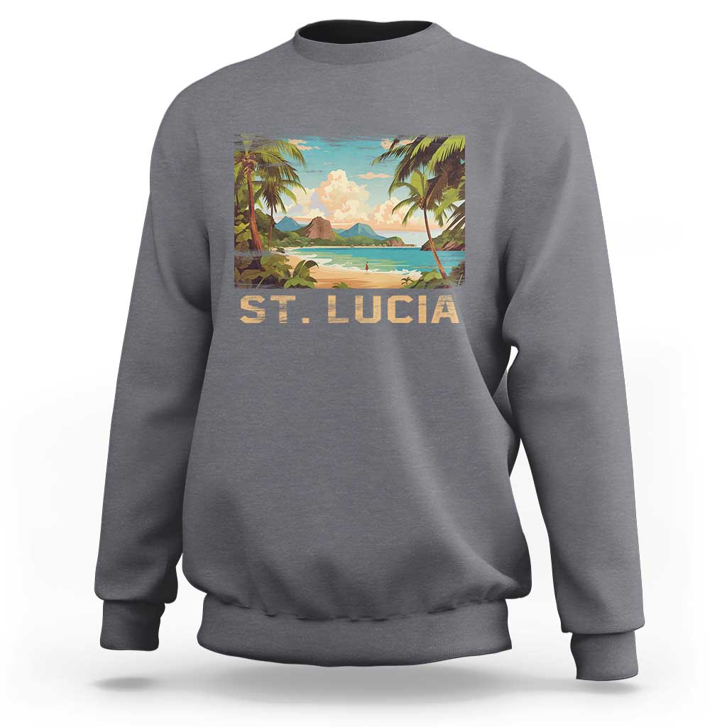 Charcoal gray crewneck sweatshirt with St. Lucia beach graphic on front