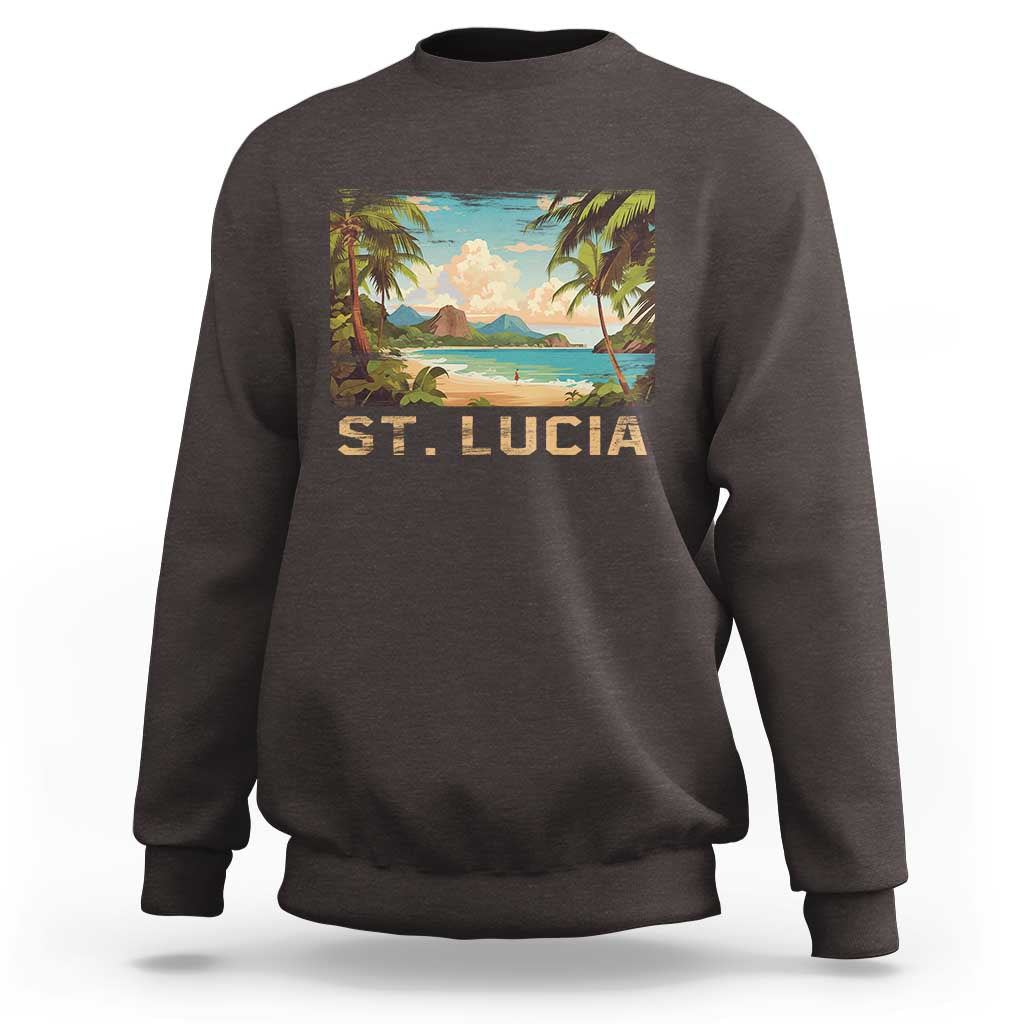 Dark chocolate crewneck sweatshirt with St. Lucia beach graphic on front
