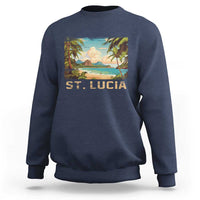 Navy crewneck sweatshirt with St. Lucia beach graphic on front