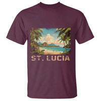Maroon crew-neck T-shirt with tropical beach graphic and “ST. LUCIA” text