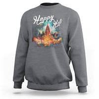 Charcoal gray sweatshirt with 'Happy Holi' text and colorful temple print on front