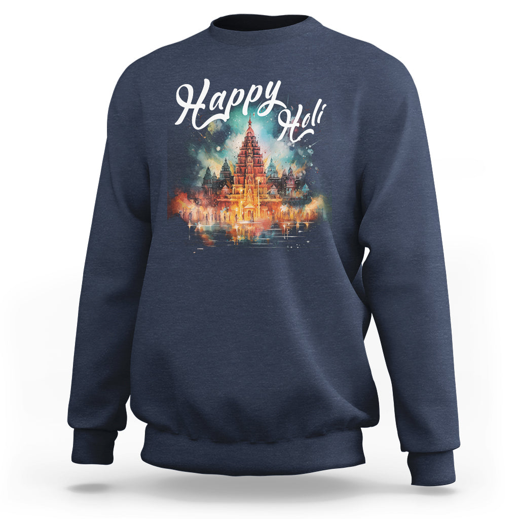 Navy sweatshirt with 'Happy Holi' text and colorful temple artwork on the front