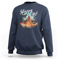 Navy sweatshirt with 'Happy Holi' text and colorful temple artwork on the front