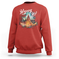 Red sweatshirt with 'Happy Holi' text and temple scene graphic on the chest
