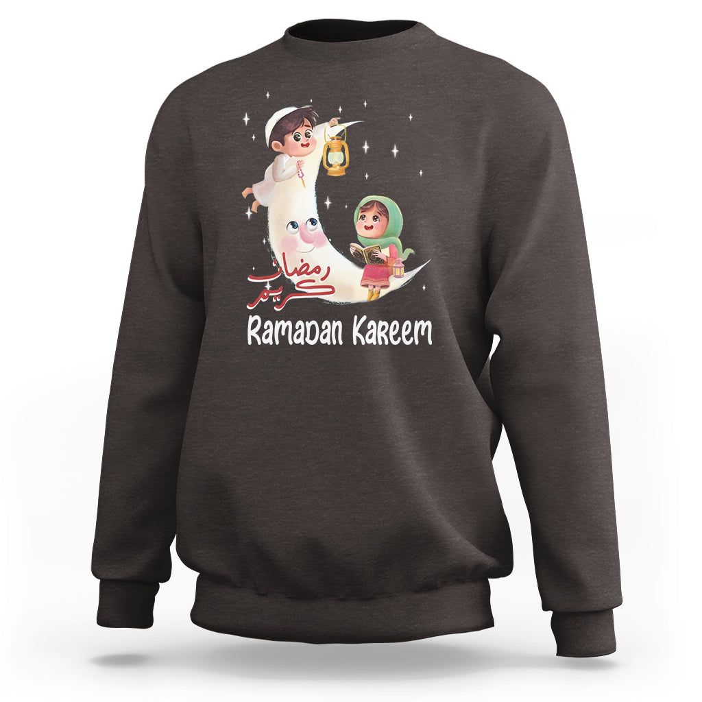 Kids' Ramadan festival sweatshirt in dark brown with front cartoon graphic and long sleeves