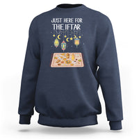 Navy Ramadan sweatshirt with “JUST HERE FOR THE IFTAR” text and lantern graphic